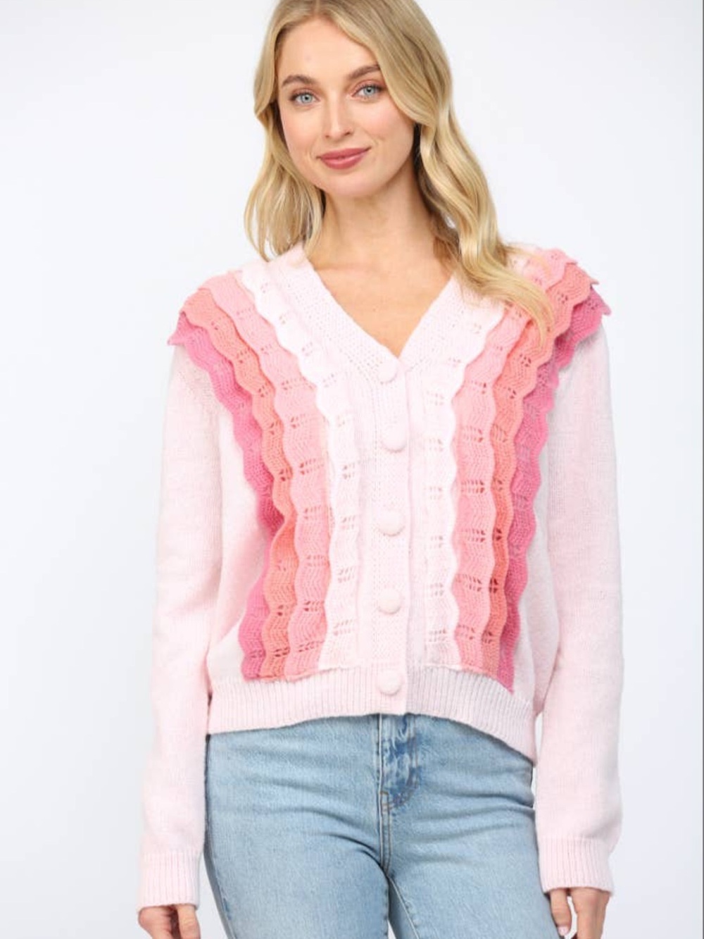 V-Neck Pink Gradient Ruffle Knit Cardigan Sweater by fate NWOT - Picture 3 of 9